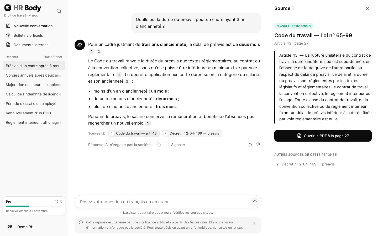 Écran de chat HRBody : une réponse sourcée avec le panneau Source ouvert
